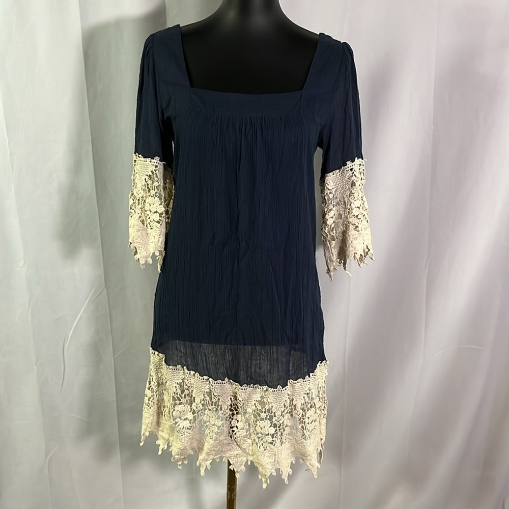 Solitaire Swim Blue & Cream Crochet Lace Gauzy Cotton Square Neck Swim Coverup